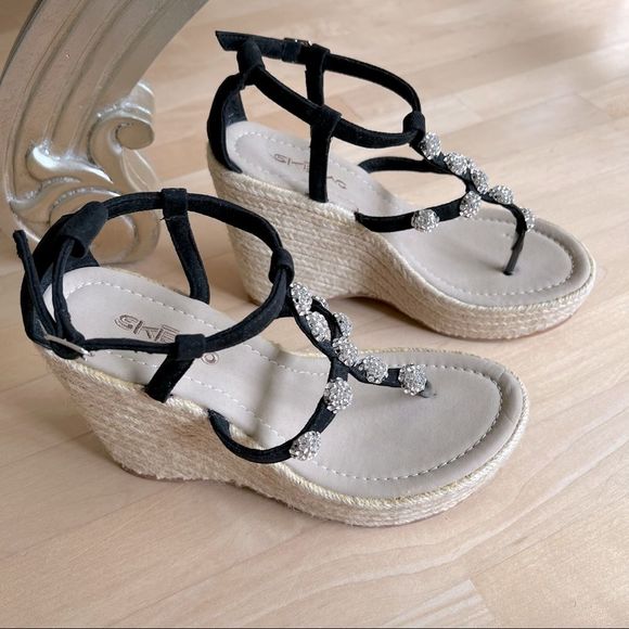 NEW Skemo Black Suede Jute Wedge Sandals With Crystal Embellishments - Picture 8 of 12